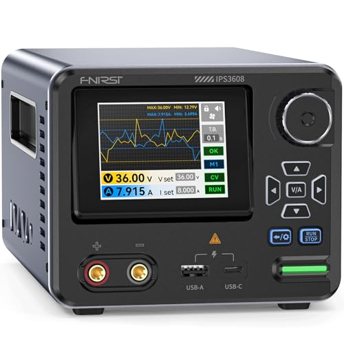 FNIRSI IPS3608 DC Power Supply Variable, 36V 8A Bench Power Supply with <10mV Low Ripple, Aluminum Shell, USB-A&Type-C Port, Day/Night Dual UI, 4-Digit IPS Display, PC Programmable, 6 Preset Data