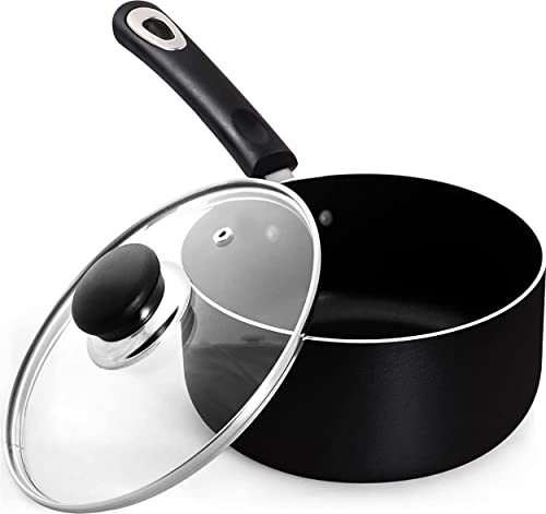 KICHLY Sauce Pan 18cm, 2L Non Stick Saucepan with Lid, Induction Safe Cooking pots & Pans, Multi Purpose Sauce Pot for Kitchen & Restaurant (Black)