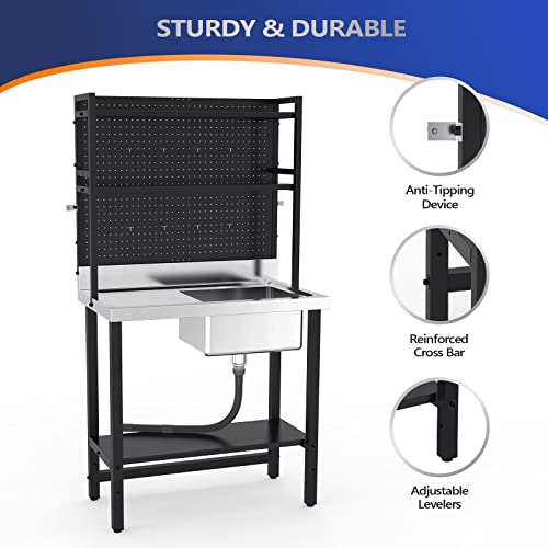 Image of VINGLI 67'' Commercial Sink with Drainboard and Adjustable Shelves Pegboard for Hanging Tools, 304 Stainless Steel Table Freestanding Utility Counter Restaurant, Garage Silver & Black 1