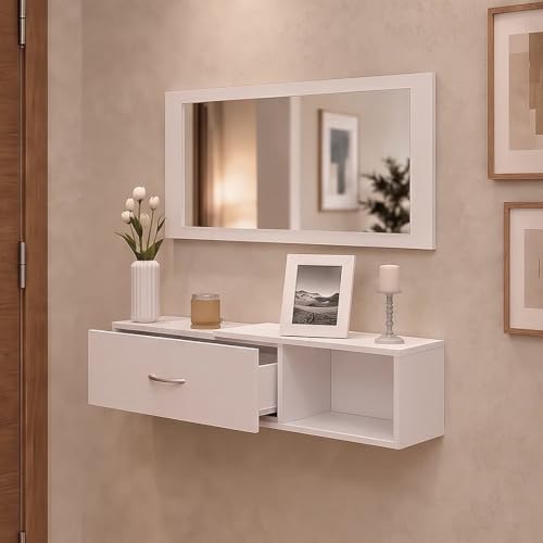 DORMIDAN- Mueble recibidor con cajón más Espejo, 1m de Ancho, (Blanco)