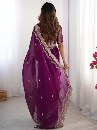 Image of Satrani Women's Shimmer Chiffon Sequins Embroidery Saree with Unstitched Blouse Piece