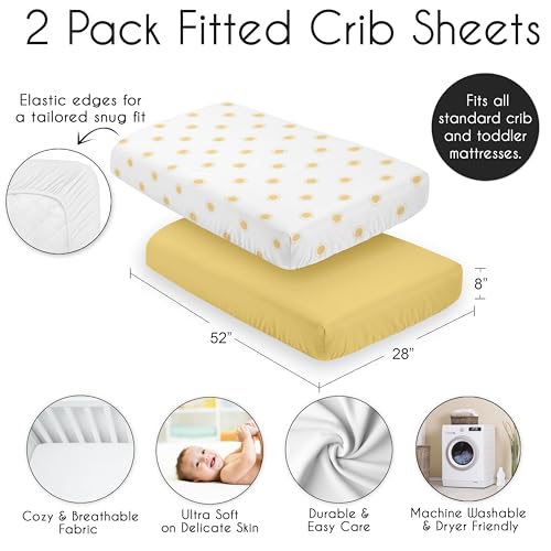 Image of Sweet Jojo Designs 2-Piece Baby Crib Sheets Set (White & Yellow Boho Sun) for Girls or Boys, Infant Nursery, Toddler Room - Fitted, Standard Size (Solid Mustard & Celestial Sky Desert Sunshine Nature)