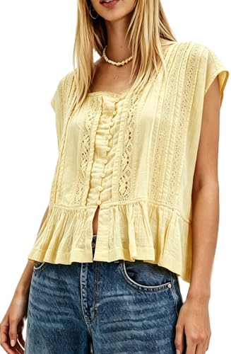 Womens Tie Front Ruffle Boho Top Flowy Sheer Short Sleeve Lace Blouses Y2k Embroidered Babydoll Button Down Eyelet Shirts Beach Fashion Going Out Tops