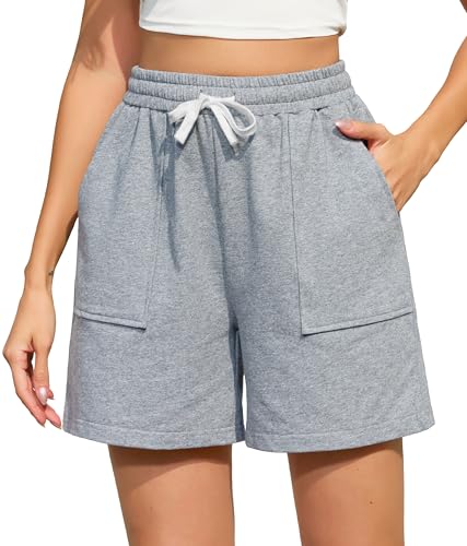 Vlazom Women's Running Shorts Soft Cotton Activewear Shorts Lounge Bottoms with Pockets Drawstring for Running Gym Lounge Light Grey,L