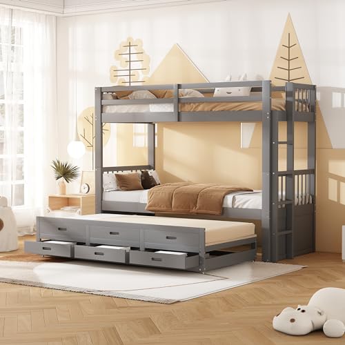 NovaFurnish Litera de 90 x 200 cm, cuna, cama para niños y niñas, estructura de madera de pino y MDF con escalera y cama extraíble y 3 cajones, sin colchón (gris)