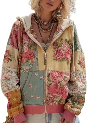 Women's Vintage Bohemian Floral Art Print Casual Shirt Flower Printed Hoodie Jacket Dressy Casual 2025 Fall Style Sweatshirt Autumn Outfits Long Sleeve Dressy Floral Printed Tee