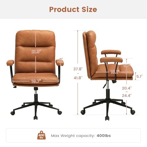 Brown Leather Office Chair with Mid-Back Support and Adjustable Height