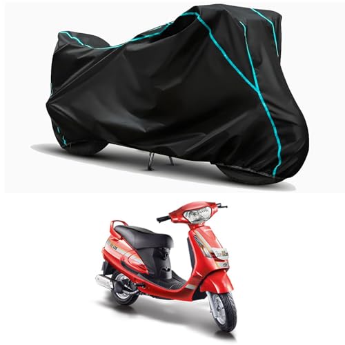 Image of Waterproof Bike Body Cover Compatible for | Mahindra Duro 125 DZ | Taffeta Fabric, Sky Piping Design, Bottom Elastic Fit | Dustproof, Sun UV & Rain Protection for All Weather.