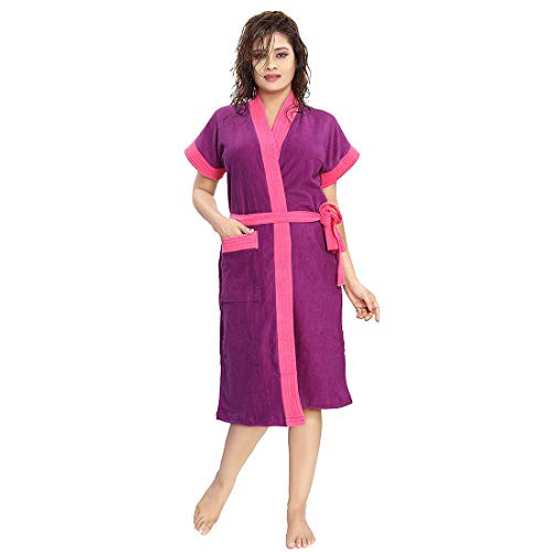 Image of bathrobes terry cotton free size bathrobe for women, bathsuit fit up to 42 inches chest size ladies - Pink Belt Purple bathrobe