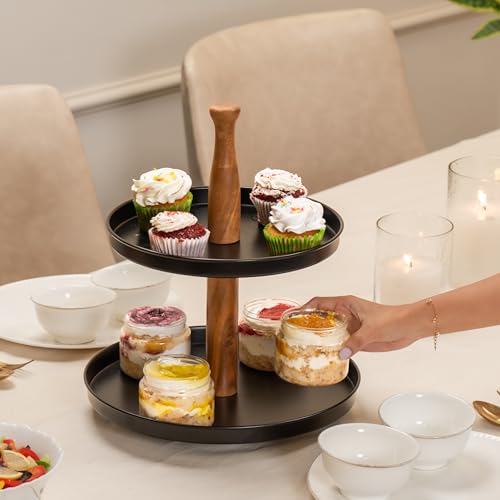 Image of Dusk Multipurpose Serveware - Metal & Acacia Wood 2-Tier Stand - Serving Stand for Snacks, Desserts & Table Display (12.5x12.5x14.5 inches)