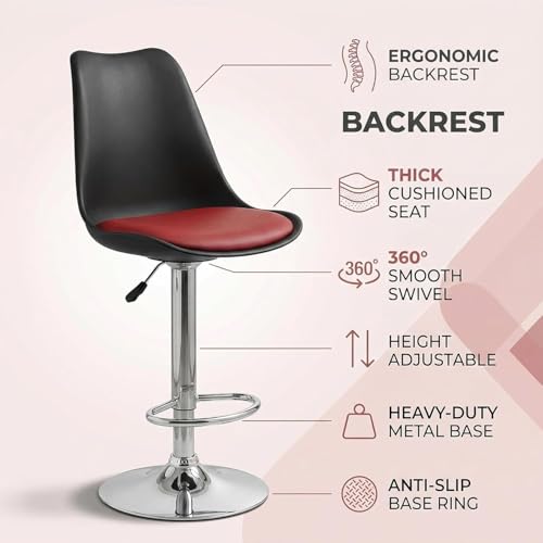 Image of activa Rapid Bar Stool Chair with Height Adjustable Design, Padded Seat & Footrest | Modern Metal Counter Stool for Kitchen, Home, Bar & Cafe Seating | Durable Comfort Chair (Black & Red, Set of 1)