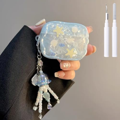COTYPOFLIYTT Compatible with AirPods Pro Case Protective Cute Shell Starfish Cover with Cleaner Kit Jellyfish Keychain for Girls Women for Airpods Pro 2nd/1st Generation-Blue