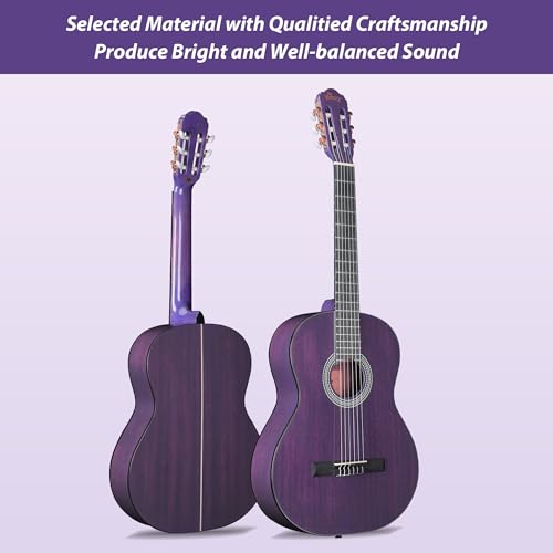 Image of WINZZ 4 /4 Classical Guitar, 39 Inch Full Size Nylon String Guitar for Beginner Adults, Full Classic Guitar Kit with Free Lessons, Gig Bag, Footstool, Capo, Tuner, Hanger and Strap (Glossy Purple)