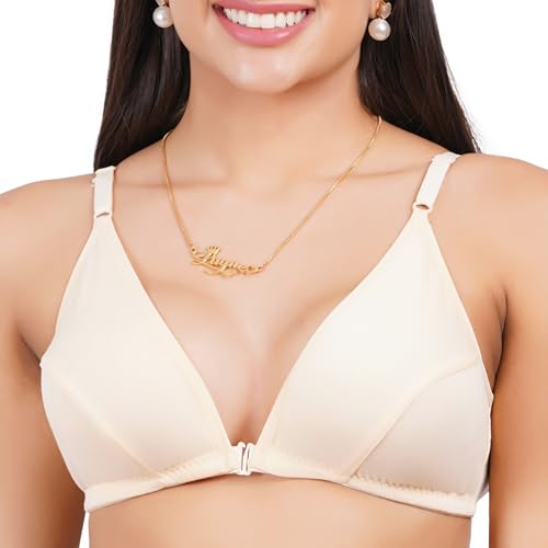Image of Front Open Non Padded Bra - Made of Pure Cotton Full Coverage Non Wired Seamless Pushup Soft Cup for T-Shirt Saree Dress Sports Garment for Daily Use Everyday