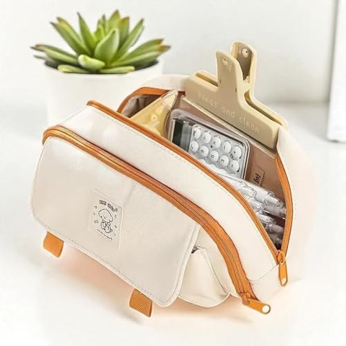 Image of Kawaii Cute Aesthetic Pencil Case for Girls & Boys | 3 Layer 6 Compartment Large Capacity Pencil Pouch with Zipper | Cartoon Stationery Organizer Bag for Students & Kids (So Cute - Creem)