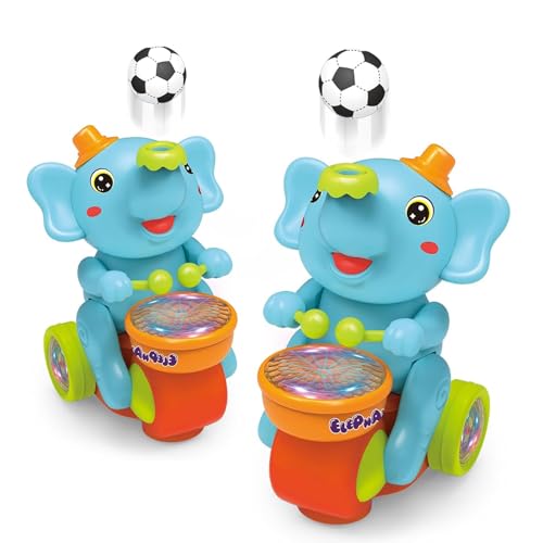 LexTex Éléphant Musicien Batteur, Jouet À Balle Soufflante avec Lumières Et Sons, Tambour Électrique À Balle Roulante, Bébé Éléphant Batteur De Football, Jouets Sensoriels À Balles Flottantes(Blue*2)