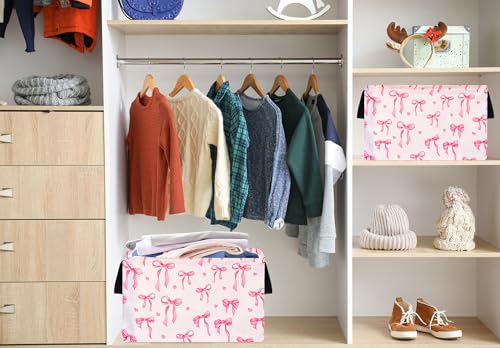 Image of Pink Bowknot Girls Gifts Storage Box Clothes Hamper Basket Collapsible Organizer Bin Toys Shelf Baskets for Home Bedroom Decor
