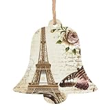 Adornos de madera para colgar en el árbol de Navidad con forma de campana, 6 piezas de decoración de Navidad (Torre Eiffel de París vintage, mariposa de flores retro)