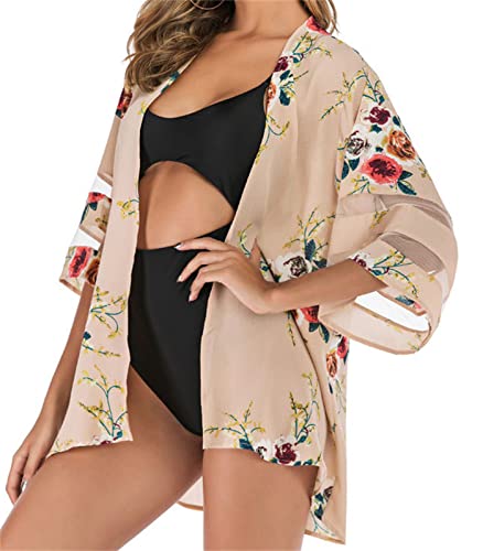 EGSDMNVSQ Femme Été Boléro Kimono Mousseline Cardigan de Plage Boho 3/4 Manches Transparent Chemise Gilet de Vacances Chic Outwear Cover