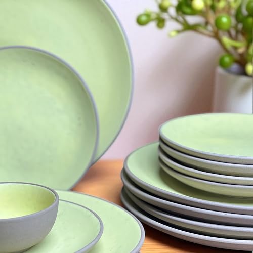 Image of Hand Painted Ceramic Dinnerware Set - 18 Pieces | 6 Dinner Plates, 6 Small Plates, 6 Katori Bowls | Earthy Yellow| Microwave & Dishwasher Safe | Perfect for Home & Gifting