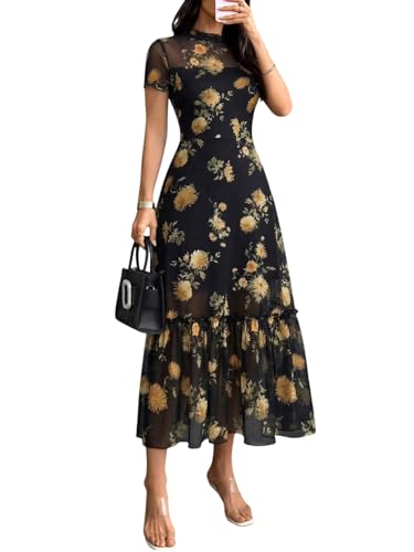 Image of GothDark Women's Summer Floral Mesh Ruffle Dress Short Sleeve Round Neck Waist Cinched Casual Maxi Wedding Guest Dresses