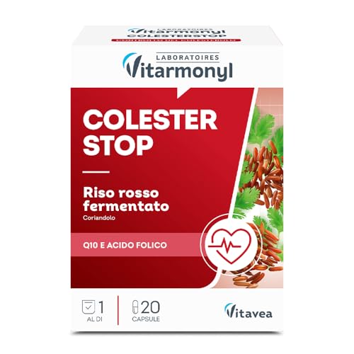 Colesterstop - Riso Rosso Fermentato e Coriandolo - Monacolina K - Con Coenzima Q10 e Acido Folico - Salute Cardiovascolare - 20 Capsule -Vitarmonyl