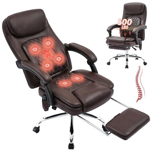 Image of 500LBS Massage Office Chair, Reclining 6 Points Vibration and Heat Desk Chair with Foot Rest, Ergonomic Executive Office Chairs, Comfy Wider & Thicker Seat, Big and Tall Gaming Chair, PU Leather Brown