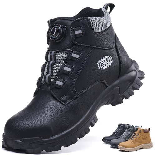 ITSOGOO Sicherheitsstiefel Herren Damen,rutschfest Arbeitsschuhe mit Stahlkappe,Wasserdicht Hoch Sicherheitsschuhe,Drehverschluss Arbeitsstiefel Schwarz 38 EU