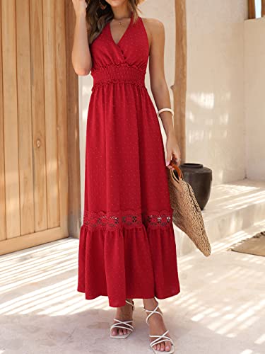 Mascomoda Halter Maxi Summer Dresses 2023 Boho Sleeveless Swiss Dot Tie V Neck Smocked Wedding Guest Dresses For Women Long (Red, Large) #TOP6