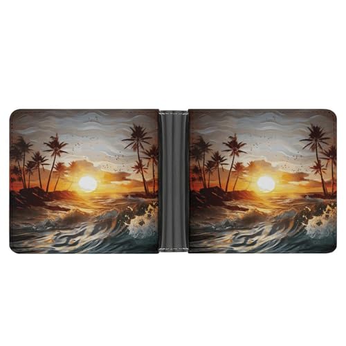 Men's Leather Wallet Bifold Wallet for Men Palm Trees Ocean Waves Sunset Slim Wallet with Multiple Card Classic Passcase Mens Card Holder