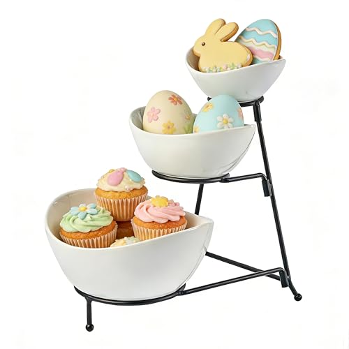 LYEOBOH 3 Tier Serving Bowls Set with Collapsible Thicker Metal Stand, Oval Serving Dishes for Entertaining Tiered Serving Stand for Fruit, Dessert, Candy, Chip and Dip (Black)