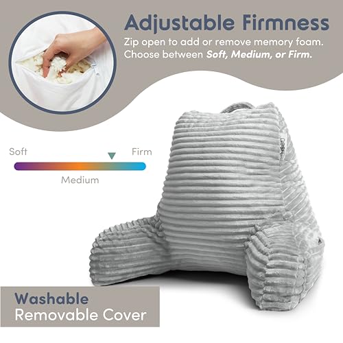 Image of Nestl Reading Pillow with Shredded Memory Foam, Luxe Cut Plush Back Pillow for Sitting Up in Bed, Back and Arms Adjustable Support for Adult & Teens, Backrest Pillows with Washable Cover Light Grey