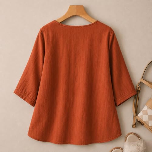 Image of RIEKA Women's Embroidered Top for Women, Maroon V Neck Rayon, 3 /4 Sleeve Casual Loose Fit Tunic, Boho Blouse for Women, Korean Style