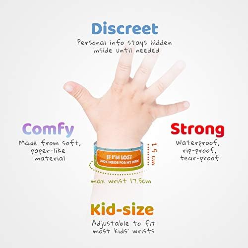 Printlike 15 Pack Travel ID Safety Wristbands for Kids | Emergency Bracelets to Help Lost Children