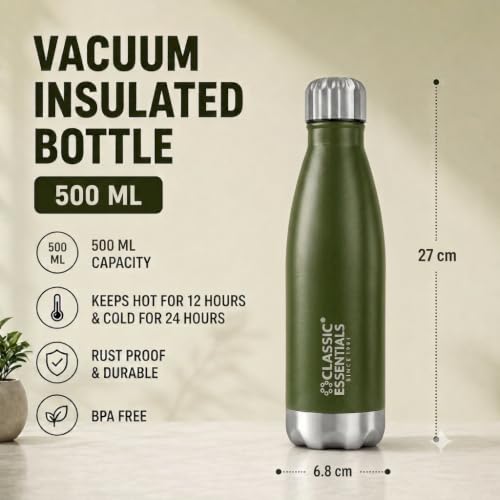 Image of Classic Essentials Insulated Double Wall Stainless Steel Water Bottle 500 ML | 12 Hours Hot & 24 Hours Cold | Vacuum Insulated, Leakproof Bottle for Home, Office, Gym & Travel (Military Green)