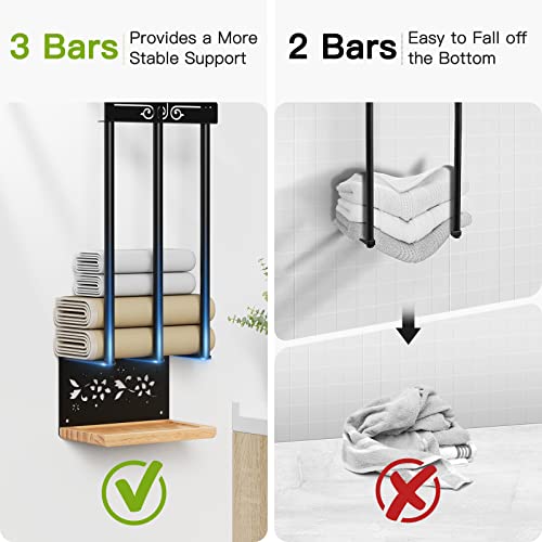 Wall Towel Rack For Rolled Towels, Pokipo 3 Bar Bathroom Towel Storage With Wooden Pallet, Towel Holder For Small Bathroom Wall Mounted, Towel Shelf Organizer For Washcloths, Large Towels, Blanket #TOP3