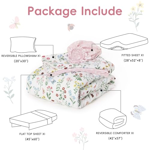 Image of david's kids 4 Piece Toddler Bedding Set - Soft Breathable Toddler Bedding Set for Boys Girls, Includes Quilted Comforter, Flat Sheet, Fitted Sheet and Pillowcase, Garden