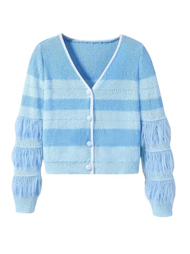 MakeMeChic Girl's Striped V Neck Button Down Cardigan Sweater Faux Fur Long Sleeve Sweaters