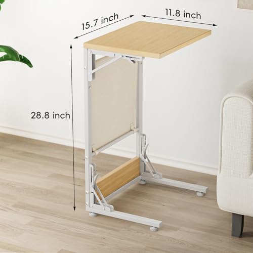 Image of Folding TV Tray Table, 28.8 inch Tall C-Shaped Side Table for Couch and Bed, Slide Under Sofa Side Desk with Storage Bag - Sturdy Metal Frame Tray for Living Room, Bedroom, Home & Office (Light Walnut)