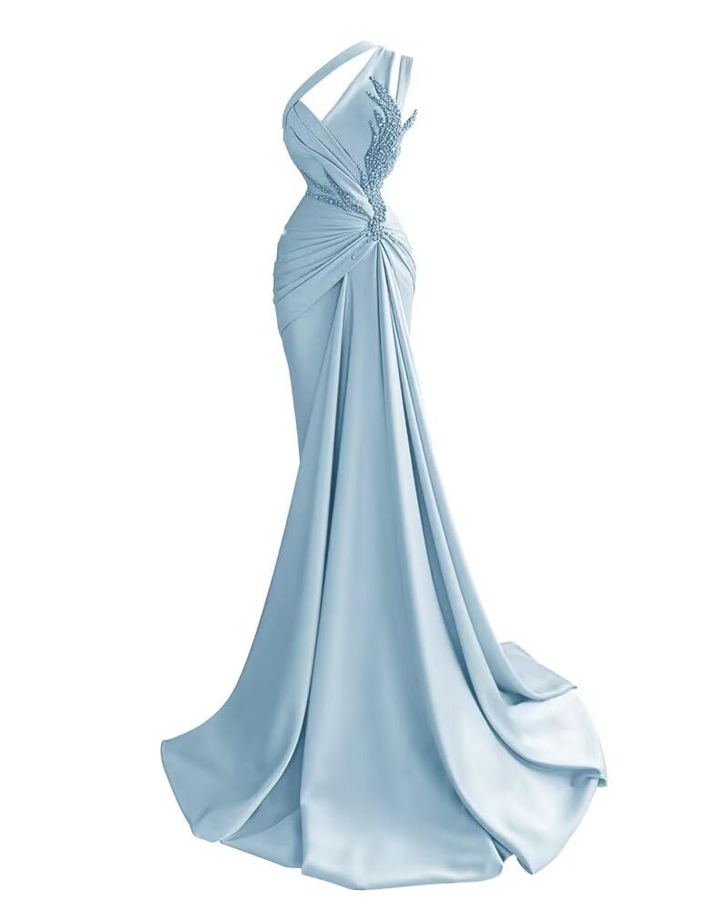 Women's One Shoulder Beaded Prom Dress Satin Pleated Mermaid Long Ball Gown Formal Bridesmaid Dress Evening Party Dress
