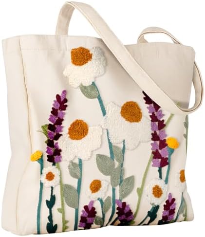 Miss Adola Aesthetic Embroidery Tote Bag for Women - Reusable Canvas Cloth Shoulder Bag with Cute 3d Wildflower Embroidered Designer Shopping Bag for Grocery, Work, Book, Vacation
