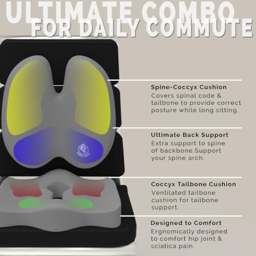 Image of MRRON Car Seat Lumber and Coccyx Pillow Kit Memory Foam Back Support and Siting Cushion Ergonomic Adjust Sitting Position Relief Pain for Car or Office Chair (Grey, Backpro)