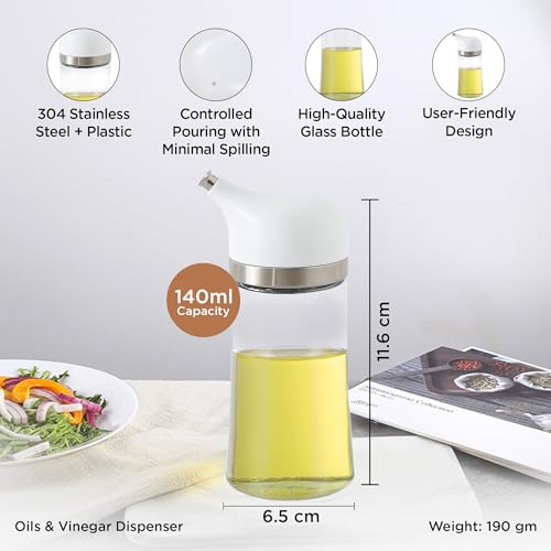 Image of The Better Home Oil Dispenser 140ml | Stylish Mini Glass Bottle with Measuring Mark | Easy Pour, Leak-Proof, Cute & Compact for Table Use | White