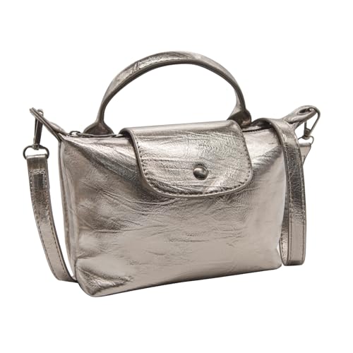 Long Keeper Pequena bolsa tiracolo feminina de couro sintético metálico bolsa de ombro mini bolsa de mão com zíper alça superior bolsa Hobo, Cinza metálico, Bolsa de ombro pequena vintage de couro