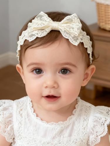 ICKEYOU Handmade Baby Girl Headbands in Beige Baby Bows and Floral Lace Headband Bows for Newborns and Toddlers Cute Baby Girl Bows and Newborn...