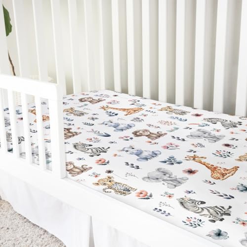 Image of Jungle Safari Animals Boho Floral Baby Crib Sheets 52''x28'' Leopard Elephant Giraffe Zebra Hippo Monkey Stretchy Fitted Crib Mattress Cover for Boy Girl Bed Sheet for Standard Crib Toddler Mattress