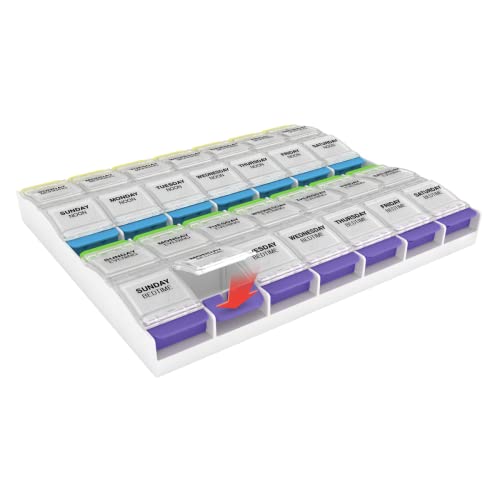 Image of Ezy Dose Weekly (7-Day) Pill Case, Medicine Planner, Vitamin Organizer Box, 3X-Large Push Button Compartments, 4 Times a Day, Clear Lids, BPA Free