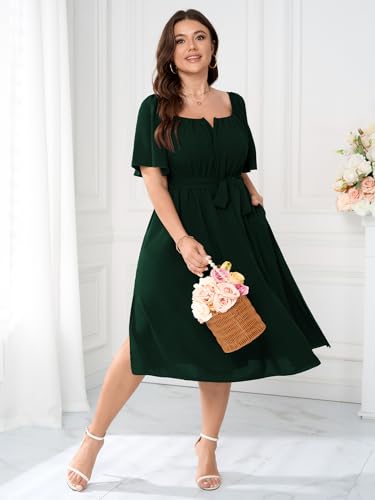 Women Plus Size Cocktail Dress Short Sleeve Square Neck Belted Elegant Flowy A Line Midi Dresses with Pockets3