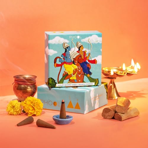 Image of PHOOL LUXURY INCENSE Ayodhya Incense Cones-Soumya Chandan Fragrance|Special Pooja Pack Flowers Offered At Ayodhya Temples|Pack Of 40 Dhoop Cones|No Charcoal&Chemical|Free Dhoop Stand Inside