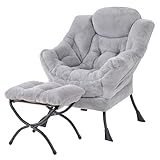 Tiita Lazy Chair with Ottoman, Light Grey Chair Modern Large Accent Lounge Armchair, Comfy Leisure Sofa Reading Chair with Footrest for Bedroom, Living Room, Dorm Rooms, Garden, Plush Light Grey